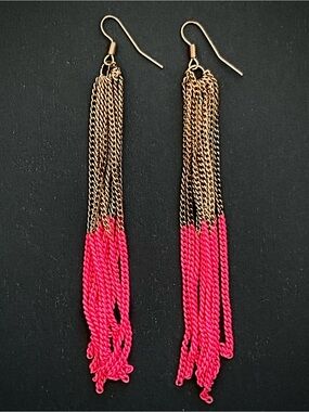 VINTAGE 90’s Gold and Hot/ Neon Pink Tassel Chain Earrings - Women Jewelry